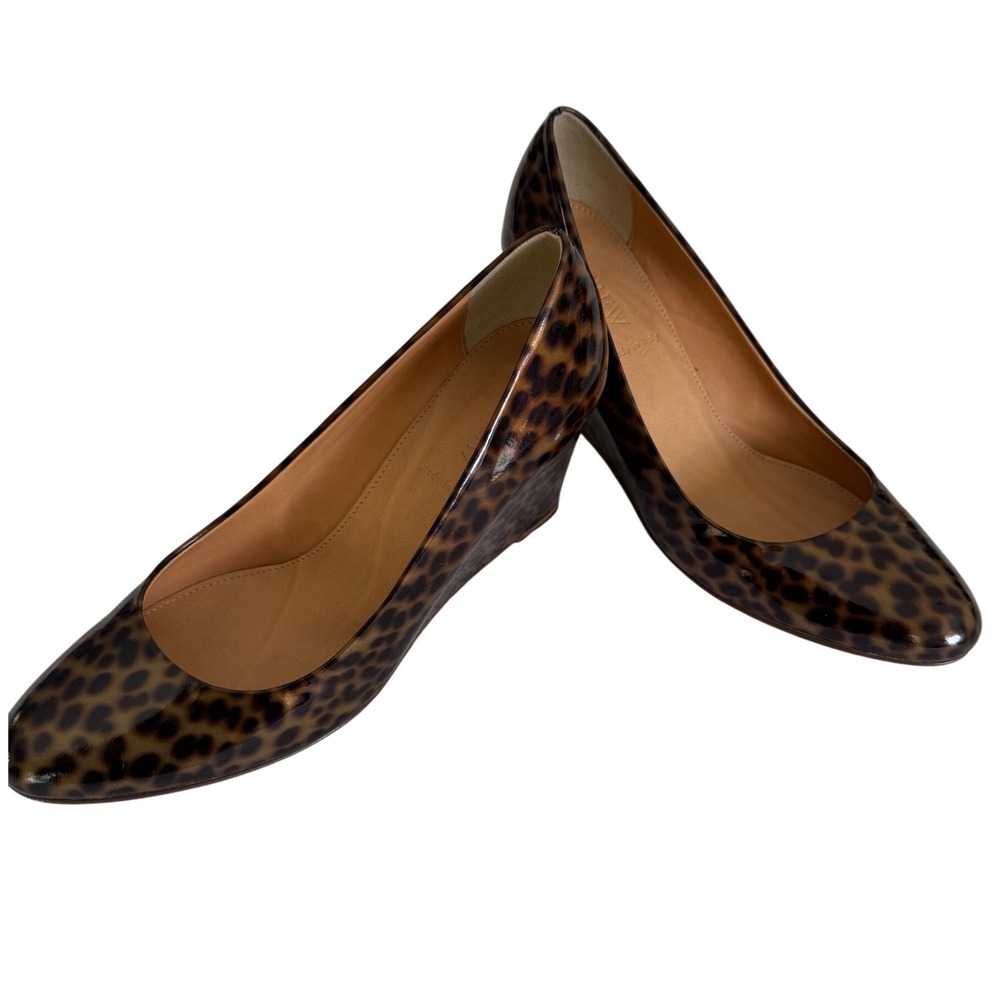 J.Crew Martina Leopard Patent Leather Wedge Pumps 8.5 Made Italy Preppy Chic